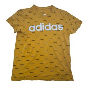 Adidas T Shirt Mens Medium Yellow Excellent All Over Logo Print EJ5557 Short Slv